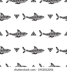 Seamless black and white pattern with sharks. Good for backgrounds, prints, apparel and textiles. Vector 