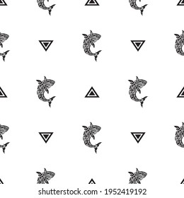 Seamless black and white pattern with sharks. Good for mural wallpaper, fabric, postcards and printing. Vector illustration.