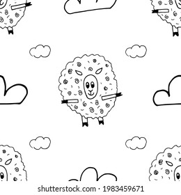 Seamless black and white pattern with sheeps and clouds. Vector pattern in doodle style. 