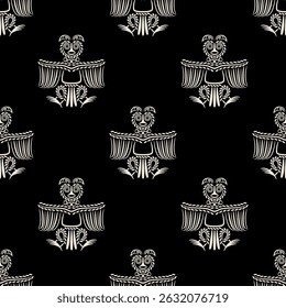 Padrão preto e branco sem costura com corujas estilizadas silhuetadas. Ave totem da antiga Sibéria. Estilo animal permiano. 