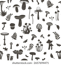 Patrón blanco y negro sin fisuras de siluetas de varios hongos, hojas, bayas, bellotas. Perfecto para Sitios web culinarios, App, manteles, Fondos de pantalla, textiles de cocina
