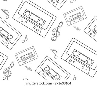 Seamless black and white pattern with silhouettes of the notes and tapes