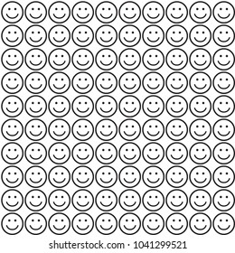 Seamless black and white pattern with smile icons. Happy faces background. Vector illustration.