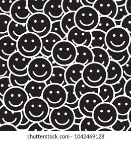 Seamless black and white pattern with smile icons. Happy faces background. Vector illustration.