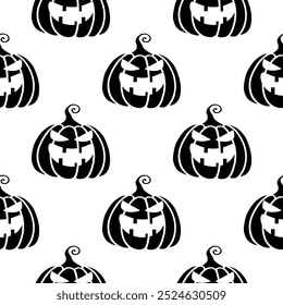 A seamless black and white pattern with spooky Jack lantern pumpkins, perfect for Halloween themed decoration. The repeating design for background, wallpaper, wrapping, decoration, or textile.