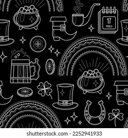 seamless black   white pattern and St  Patrick's Day symbols  the white outline draws elements traditional Irish holiday  linear drawings black background  stock vector illustration  EPS 
