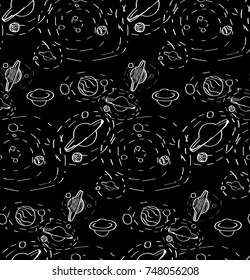 Seamless black and white pattern of stars and satellites. Vector illustration. Endless texture