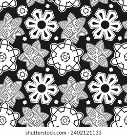 Nahtloses Schwarz-Weiß-Muster mit stylisierten Blumen und anderen Dekorationselementen. Monochrome Palette. Vektorgrafik