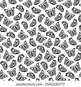 Seamless black and white pattern of stylized butterflies with floral elements in a minimalist style. Elegant vector background is perfect for spring and summer nature-inspired modern designs 