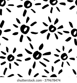 The seamless black and white pattern with sun. The creative monochrome hand drawn background for your design. Textile, blog decoration, banner, poster, wrapping paper.