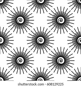 The seamless black and white pattern with sun. The creative monochrome hand drawn background. Textile, poster, wrapping paper.