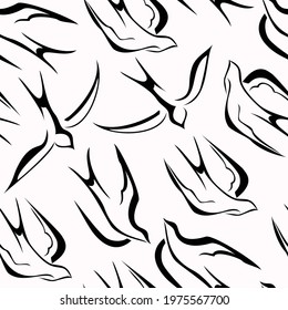 Seamless black and white pattern with swallows, natural texture. Vector background for design.