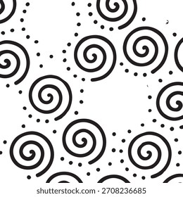 Patrón blanco y negro sin fisuras de espirales giratorias y puntos dispersos, creando un diseño juguetón y abstracto.