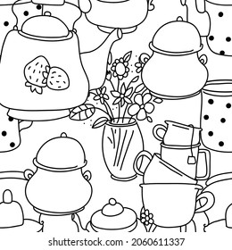 Seamless black and white pattern. Tea drinking illustration.