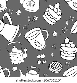 Seamless black and white pattern. Tea drinking illustration.