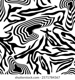 Seamless black and white pattern with tiger stripes and optical illusions of volume. Abstract mosaic high contrast geometric background. Collection of creative prints for fabric, packing etc. Vector.