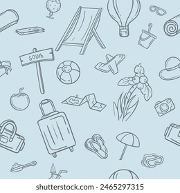 Nahtloses Schwarz-Weiß-Muster mit Tourismus und Reiseartikeln. Bearbeitbare Illustration für Geschenkpapier und Hintergrund
