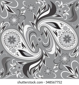 Seamless black and white pattern. Traditional symbols - paisley and flowers, vector background. Bandana print.