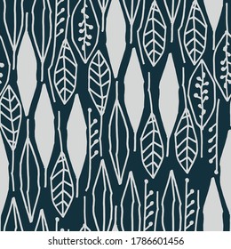 Seamless black and white pattern with tropical leaves on black background for surface design and other design projects