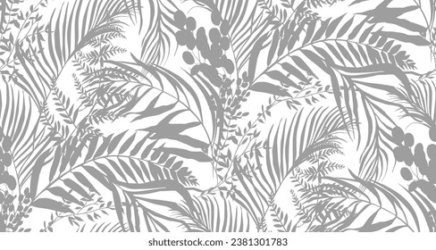 Patrón blanco y negro sin foco con plantas tropicales. Silhouettes botánicas de hierbas y hojas de helecho con flores secas en vectores para textiles