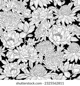 Seamless black and white pattern with various flowers.