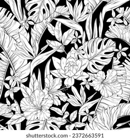 Seamless black and white pattern with various flowers. Hibiscus, bird of paradise flowers and palm leaves. Vector illustration.