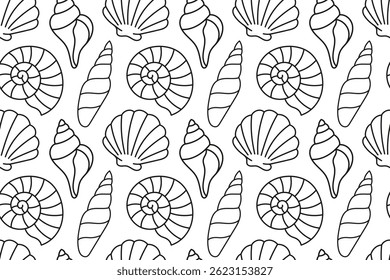 Seamless black and white pattern of various sea shells in transparent background. Perfect for coloring pages, kids’ projects, and beach-themed designs.
