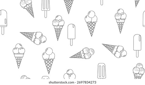 Padrão preto e branco contínuo de vários cones de sorvete e picolés em um estilo de contorno simples para um fundo de verão fresco.