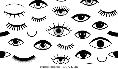 Patrón blanco y negro sin fisuras de varios ojos y pestañas estilizadas creando una ilustración de fondo moderna y abstracta.