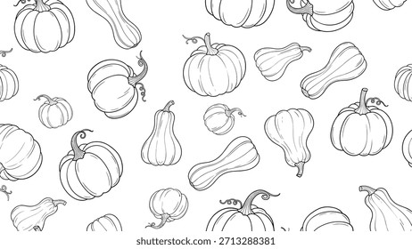 Un patrón blanco y negro sin fisuras de varias calabazas y calabazas dibujadas a mano en un estilo de arte de línea simple, perfecto para la decoración de otoño.