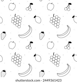 Seamless black and white pattern vector with fruits illustrations that can be used for napkins, textile, paper wrap and more