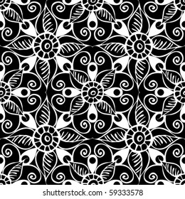 seamless black and white pattern, vector florals