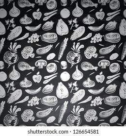 Seamless black and white pattern with vegetables and fruits, vector illustration