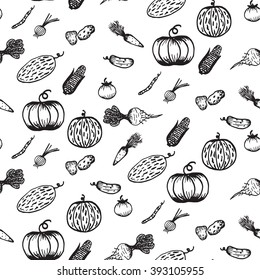 Seamless black and white pattern with vegetables