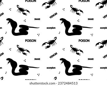 Seamless black and white pattern with venomous snake, cobra, scorpion and words - poison, venom