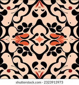 Seamless black and white pattern with vibrant red accents, reminiscent of art nouveau design, combining elegance and repetition.