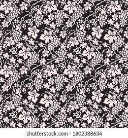 Patrón blanco y negro sin foco con ramas y hojas de vid. Hermoso adorno. Impresión vectorial. Se utiliza para papel tapiz, rellenos de patrones, diseño textil.