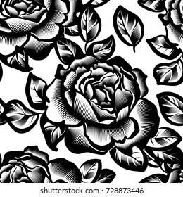 seamless black and white pattern with vintage flowers roses in the style of engraving