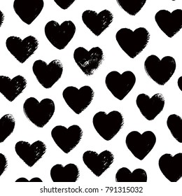 Seamless black and white pattern with watercolor hearts / Vector