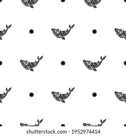 Seamless Black and White Pattern with Whales in Simple Style. Good for backgrounds and prints. Vector 