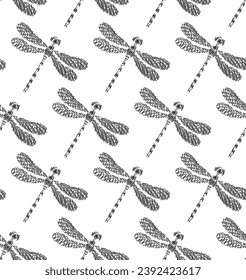 Seamless black and white pattern wiht dragonflies