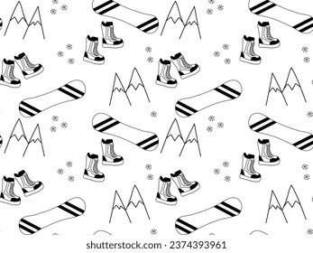 Seamless black and white pattern winter sports, snowboarding, mountains