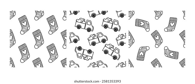 Seamless black and white patterns with cute socks and delivery trucks

