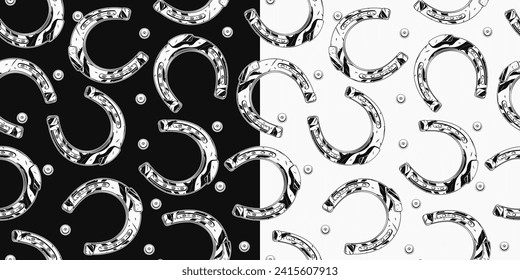 Seamless black and white patterns with horseshoes, rivets. Vintage illustration for equestrian sport concept or lucky concept