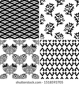 Seamless black and white patterns set