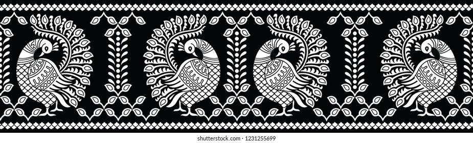 Seamless black and white peacock border