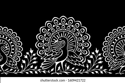 Seamless Black And White Peacock Border Design