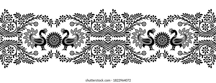 Seamless black and white peacock border with flowers
