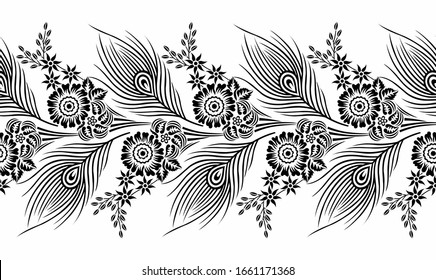 Seamless black and white peacock feather border with flowers