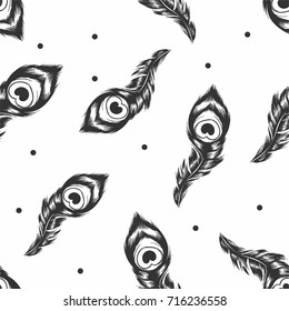 seamless black and white peacock feather with polka dot